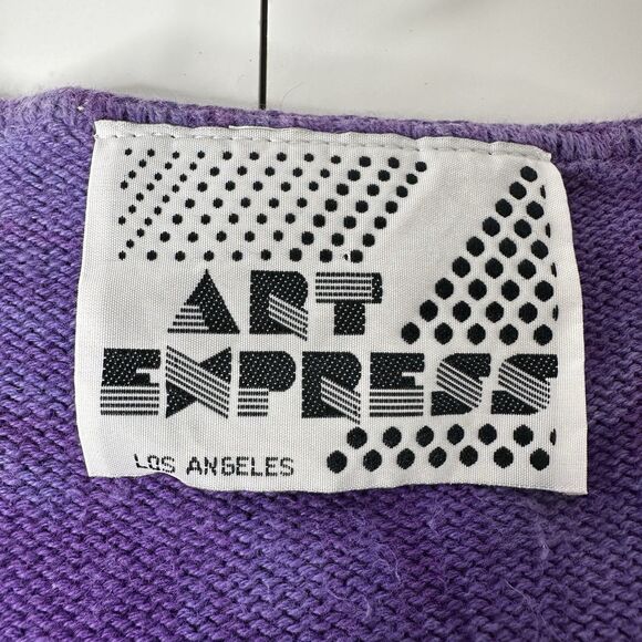 Vtg Art Express Purple Tie Dye Knit Sweater One Size Fringe 80s Statement USA - Picture 4 of 13